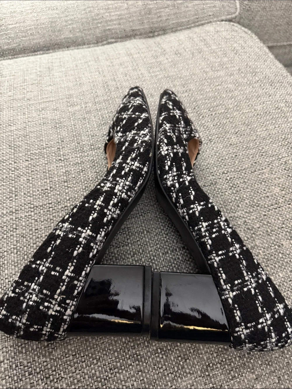 Ann Taylor Factory Tweed Plaid Block Heel Pumps Black White Pointed Toe Size 10